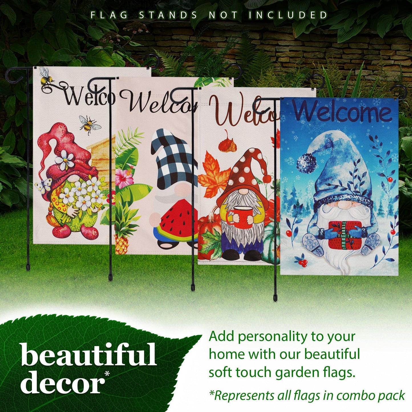 Garden Flag Set Seasonal Gnomes 12X18 4 Pieces Blockout Fabric